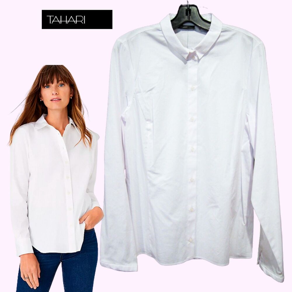 TAHARI NEW Minimalist Pointed Collar Fitted Button Down Long Sleeve Shirt XL